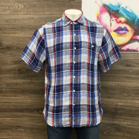 Tommy Bahama Linen‎ Shirt Short Sleeve Plaid Button Up Casual Mens L - Picture 1 of 7